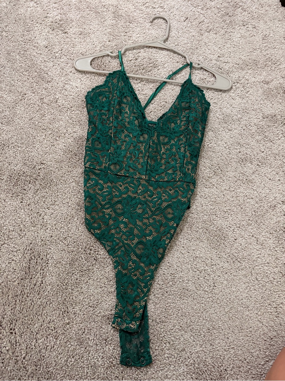 Lovers + Friends Emerald Green Lace Bodysuit Thong